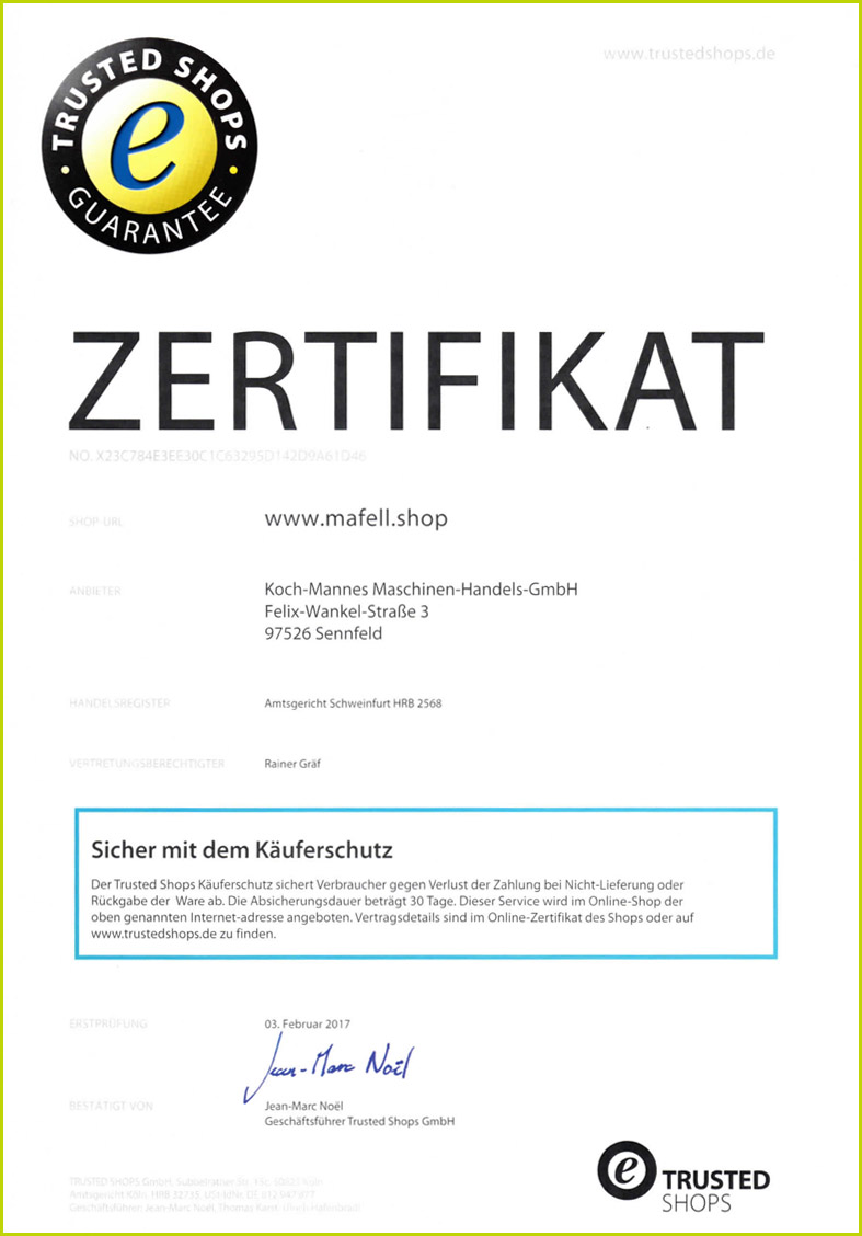 Trusted Shops Zertifikat für www.mafell.shop